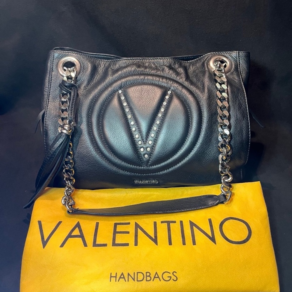 Valentino Black Leather Handbag with Silver Chain Handles. 13Lx10”Hx7”D